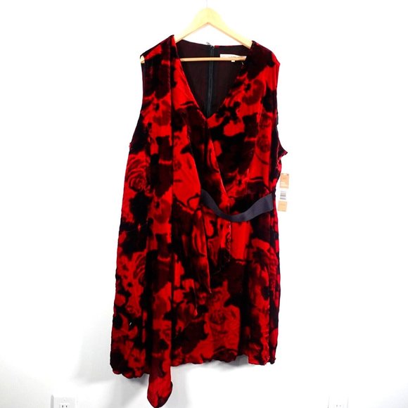 Red Floral Dress 24W Velvet Party Velour V Neck Draped Cocktail Plus‎ RACHEL ROY - Picture 1 of 10